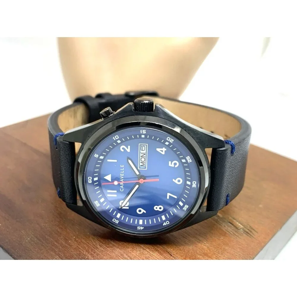 Caravelle by Bulova Men's Watch 45C118 Quartz Blue Dial Black Leather Band 40mm